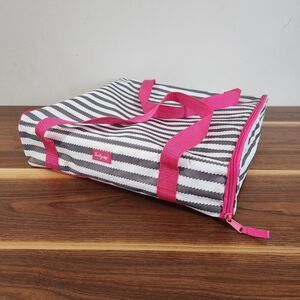 Thirty One Pizza Take Out Thermal Tote Carry Bag Pink Gray White Stripes Handles